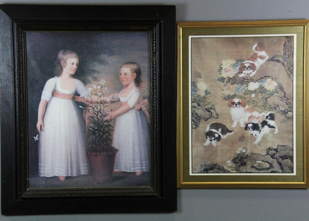 (2) Early American Style Prints After Paintings: Depicting two Early American girls with lillies along with Oriental scene with St. Charles Spaniels, 37" x 31" W, circa 20th century, small missing area on wooden frame.