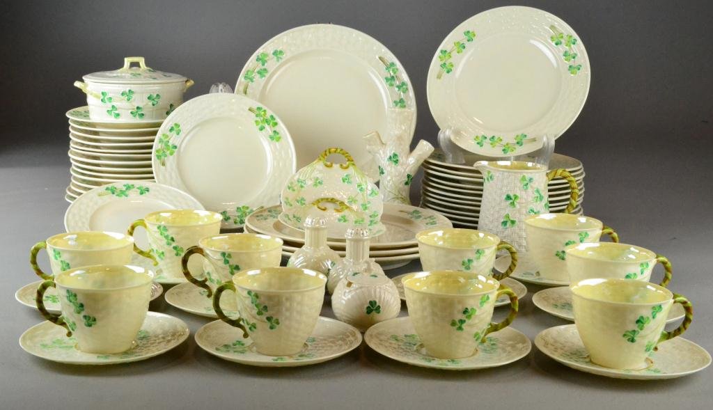(58) Pcs. Beleek Shamrock/Basket Dinnerware: To include 10 cups, one 4"-pitcher, one 6"-tree vase, mustard pot, salt/pepper, covered container, 2 small serving dishes, 10 saucers, 4 dinner plates, 12 salad plates, 16 bread plates, most pieces ma