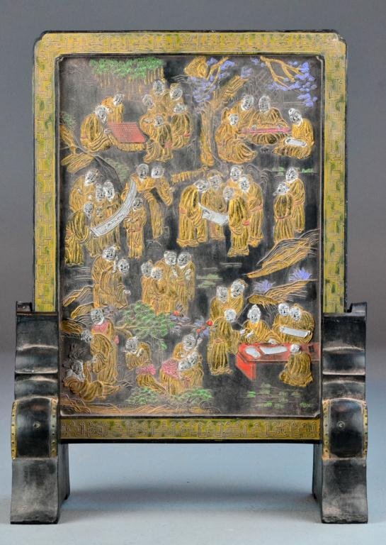 Chinese Qing Carved & Painted Inkstone: Finely carved and painted on both sides depicting elders within landscapes, the reverse with three character seal mark and further signed to the side with 5 raised characters, very well done with fine