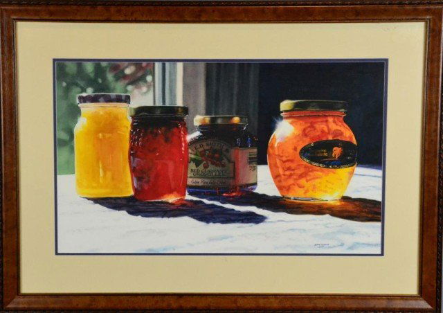 John Gould Watercolor Painting On Ppaer: Photo realism still life, watercolor, of four fruit preserve jars. Titled: "Too Many Choices."Signed LR John Gould 2001, remarkable painting, this watercolor truly looks like a photograh. 15" H x 25"