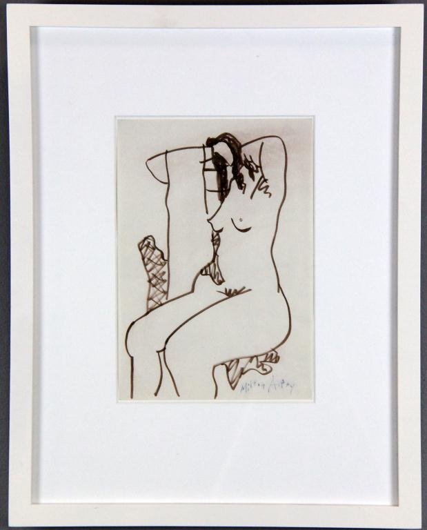 Milton Avery Ink Drawing on Paper: Depicting seated nude woman, signed LR Milton Avery, New York artist, 1885-1965, 10.25" H x 9.25" W sight, 19.25" H x 15.25" W frame, circa mid-20th century, good condition. Property of Tampa Florida 