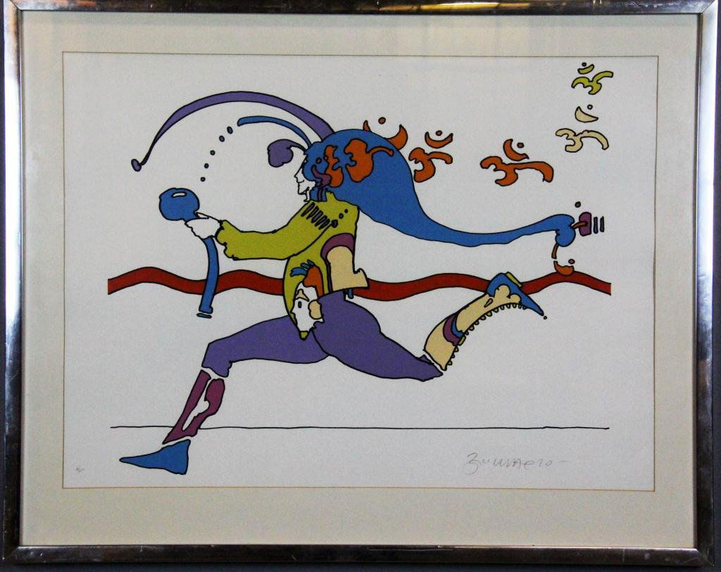 Peter Max Serigraph On Paper: Depicting a smiling person running with a microphone in multiple colors, LR embossed signature Peter Max ( 1937 - ) American artist, LL 19/100 over embossed monogram, title illegible, 22" H x 29" W si