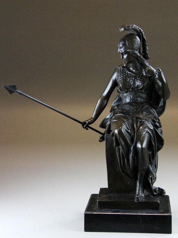 After Dimitri Chiparus Bronze Sculpture: Depicting a seated Roman warrior on stepped plinth. Dimitri Chiparus 1888-1947 was a Romanian and French artist working in bronze, good condition. 16" H, not including the marble base.