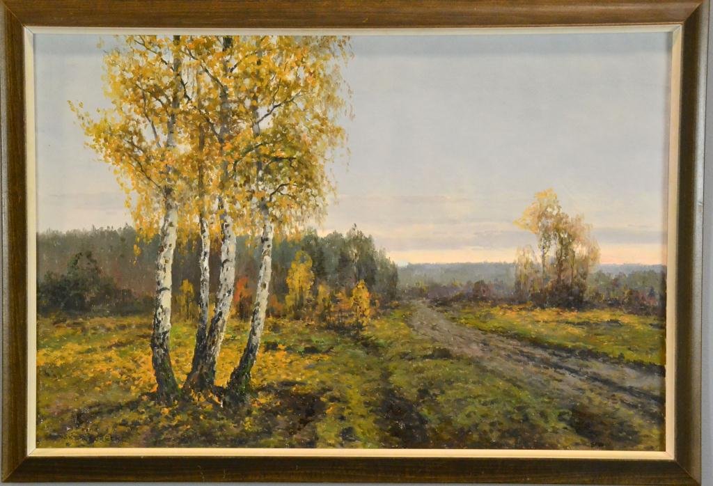 Wiktor Korecki Oil Painting on Canvas: Depicting birch trees and country road, signed LL Wiktor Korecki, Polish painter known for country landscapes, 1890-1980, 23.25" H x 35.75" W sight, 27.25" H x 39.5" frame,circa mid-20th century, good