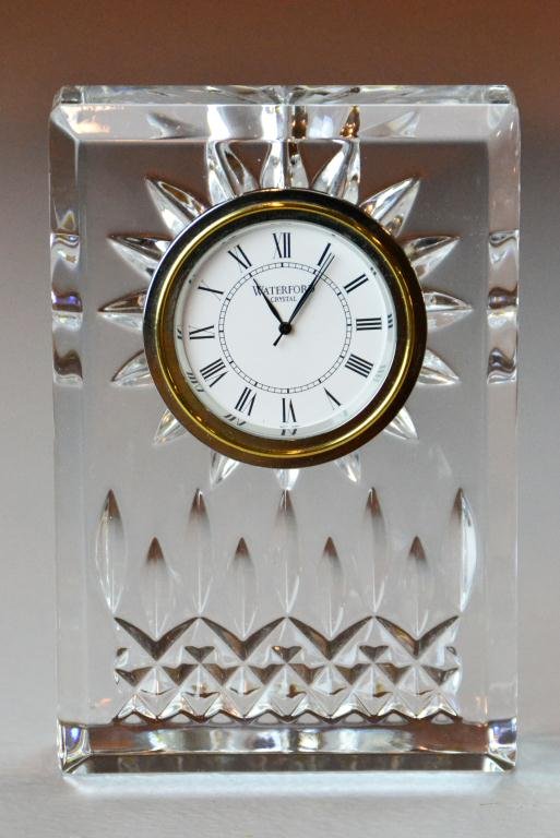 Waterford Crystal Dresser Clock: Rectangular crystal with starburst motif on back, marked Waterford Ireland on bottom, good condition, circa 20th century.