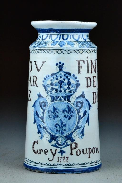 Rare 18th C Dijon Mustard French Faience Jar: Dated 1777, having cobalt blue decoration of a coat of arms, and Mov Tar De (Fine De Dijon) Grey Poupon 1777. These jars would have been used for Dijon Mustard when originally retailed in the 18th cen