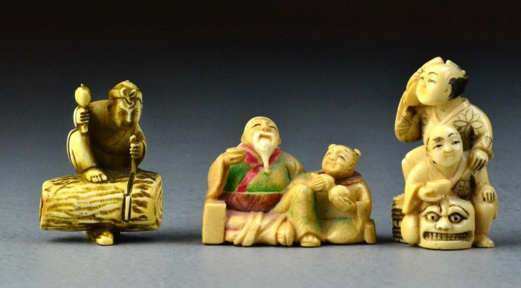(3) Japanese Carved Ivory Netsuke: Finely carved to depict villagers in various acts of everyday life, some with inscription to base, tallest is 2"H. Important Traverse City Michigan Collection.