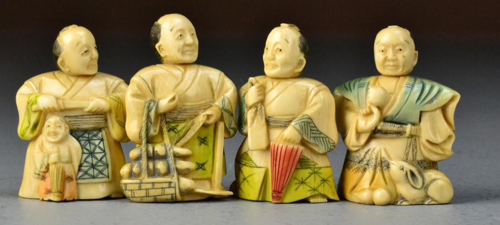 (4) Japanese Ivory Netsuke: Each finely carved to depict men in various acts of everyday life, all polychrome painted with moveable heads and inscription on base, height of tallest 2.25"H. important Traverse City Michigan Collec