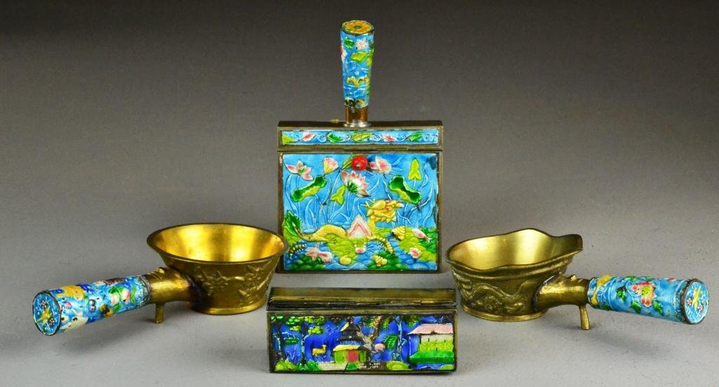 (4) Chinese Enamel And Brass Decorative Arts: To include two irons, a silent butler, and a sectioned box, all finely enamelled depicting various scenes, all with China stamp to base, largest measures 6.5"L, circa late 19th/ early 20th century. Pr
