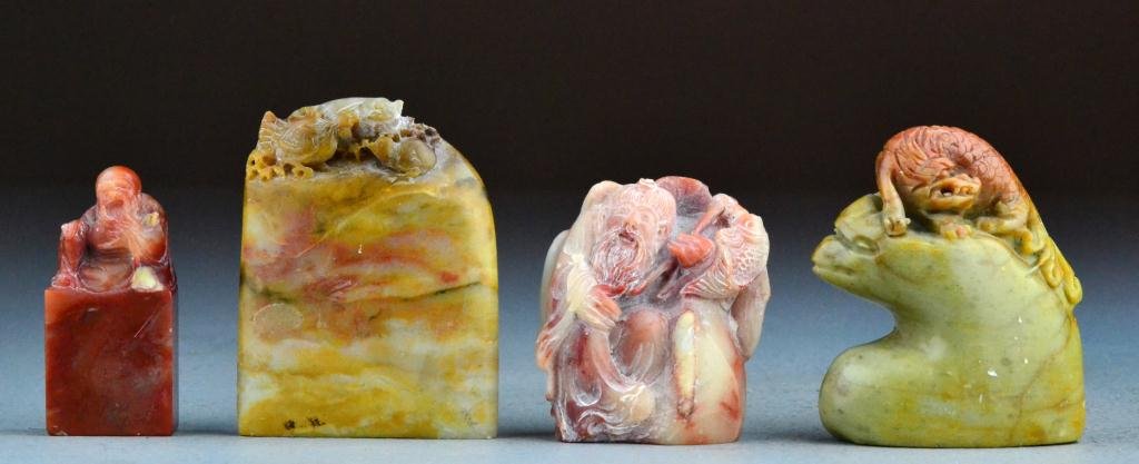 (4) Chinese Soapstone Carving Inc. Seal Chop: To include two soapstone mountains, one carved to depict chickens, one carved to depict dragon, together with an elder holding fish and a blank seal chop depictinf a lohan, largest is 3.28125"H. Circa