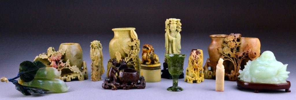 (12) Pieces Chinese Carved Soapstone: To include vases, figures, and seal chops, largest is 6.5" H, circa early 20th century. Important West Bloomfield Michigan Collection.