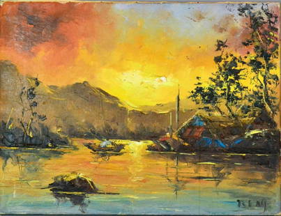 Tseng Kwong Chi Oil Painting On Canvas: Depicting a lake scene with boats, huts and a mountain in the distance, signed lower right Tseng. Tseng Kwong Chi ( 1950 - 1990 ) was a New York artist known for his landscapes, 18"H x 23.75"W, circa