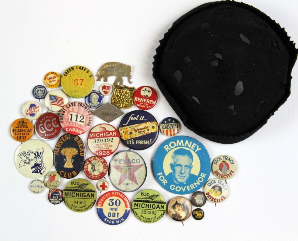 (94) Various Early 20th Century Pins & Cap: To include 13 Dick Tracy pins, several with verso Read Dick Tracy Every Day in The Detroit Mirror, 3 Michigan fishing licences for 1928,1930, Wonder Bread, Lone Ranger, 1935 State of Michigan Register
