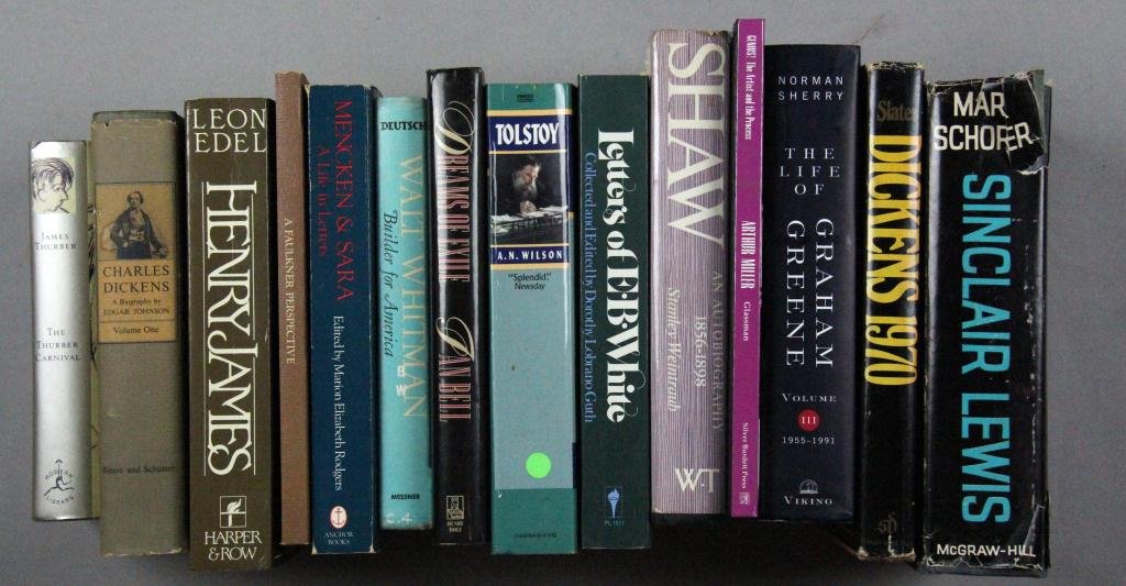 (27) Biography Books On Authors: To include first editions volumes 1 & 2, " Charles Dickens His Tragedy and Triumph," by Edgar Johnson 1952, with dust jackets, ex libris sticker by former owner in the inside cover, some slight frayin