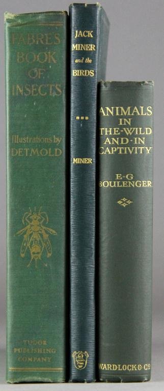 (3) Early 20th C.Insects, Wild Animals, Birds Book: Fabre's Book Of Insects, Tudor Publishing, 1935, color illustrations by Detmold, with tissue guard, green cloth cover with gilt design and lettering, 10" H x 8" W. Condition head of spine has some wri