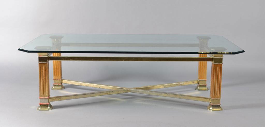 A Brass, Glass and Wood Coffee Table: With beveled glass top and x form stretcher, very well made. Circa 1980's. 55" W x 16" H x 32" D. Excellent condition. Private collection Gross Pointe, MI.