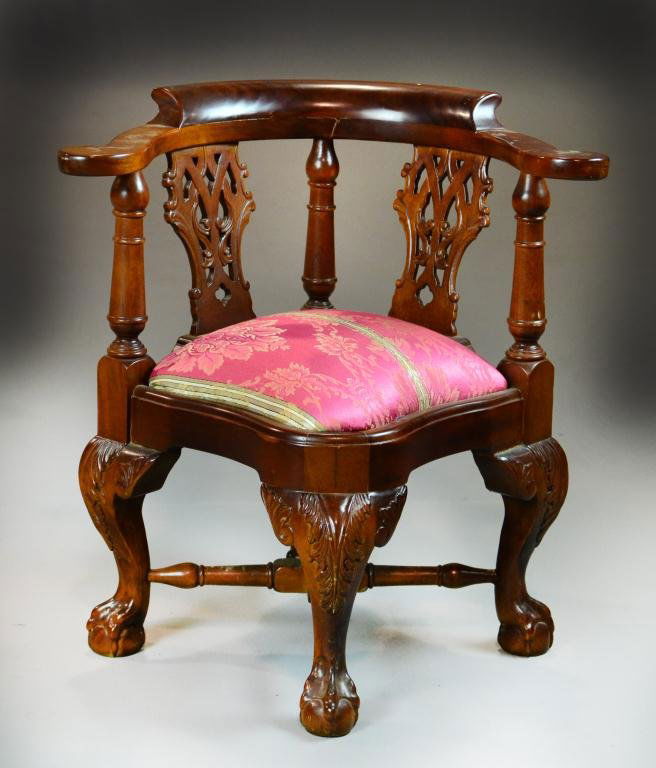 Child's Mahagony Chippendale-Style Corner Chair: Lovely child's chair with pink brocade upholstered seat, two scroll carved back splats, turned stiles, cabriole legs having acanthus leaf knee with claw and ball feet, turned x-cross members, 21.5" H