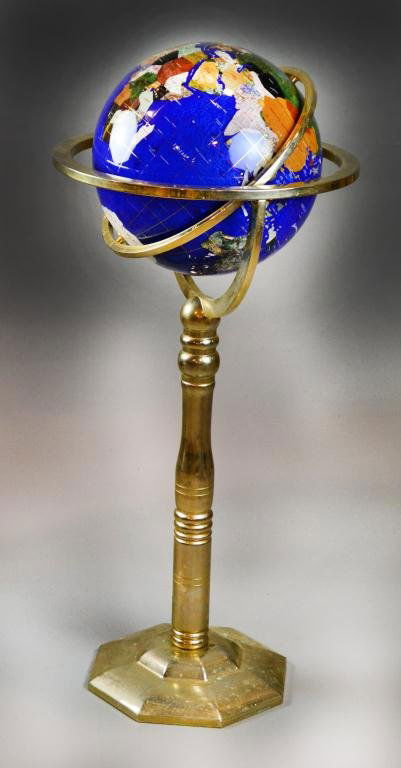 Pietra Dura MOP and Hardstone Standing Globe: Mother-of-pearl, abalone and hardstone inlaid world globe with azure blue ground, raised on brass pedestal stand, 39" H x 18" W, circa 20th century, good condition. Provenance: Property of Saginaw MI