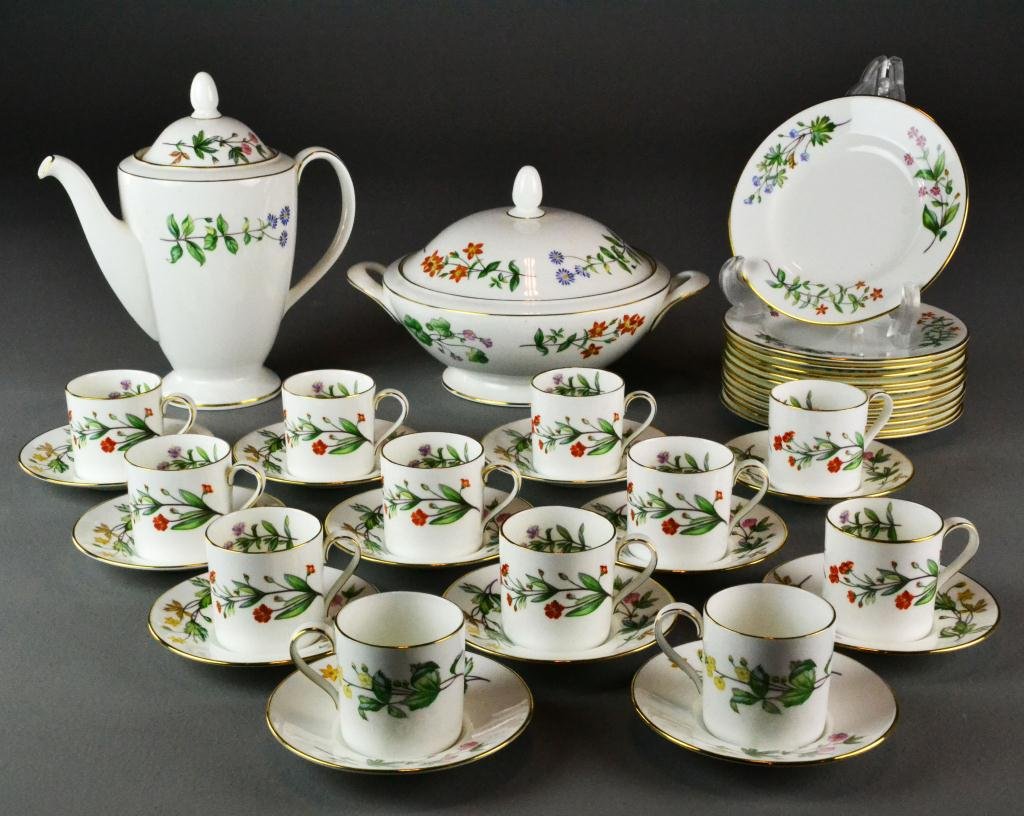 (38) Pcs. Minton Dinnerware 'Meadow' Pattern: Consisting of tea service for twelve: 12 cups, 12 saucers, 12 sandwich plates along with covered compote dish and 9.5" H teapot, circa 20th century, mint condition. Private collection Warren, MI.