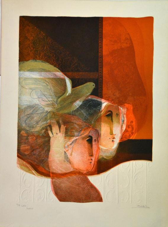 Alvar Sunoi Munoz-Ramos Signed Lithograph: Depicting two heads with a dove, with decorative embossing, signed LL by Alvar, Spanish artist born1935, LL 66/75, 30" H x 22" W, unframed. Circa 20th century. Private collection, Flint, Michigan.