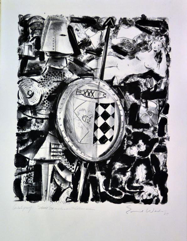 Emil Weddige Mich. Artist Proof Signed Lithograph: Titled "Since Eve," or "Who Ate the Oatmeal Cookies," signed LR Emil Weddige, Michigan artist (1907 - 2001), 30" H x 22.5" unframed. Circa 1980. Private collection, Flint, Michigan.