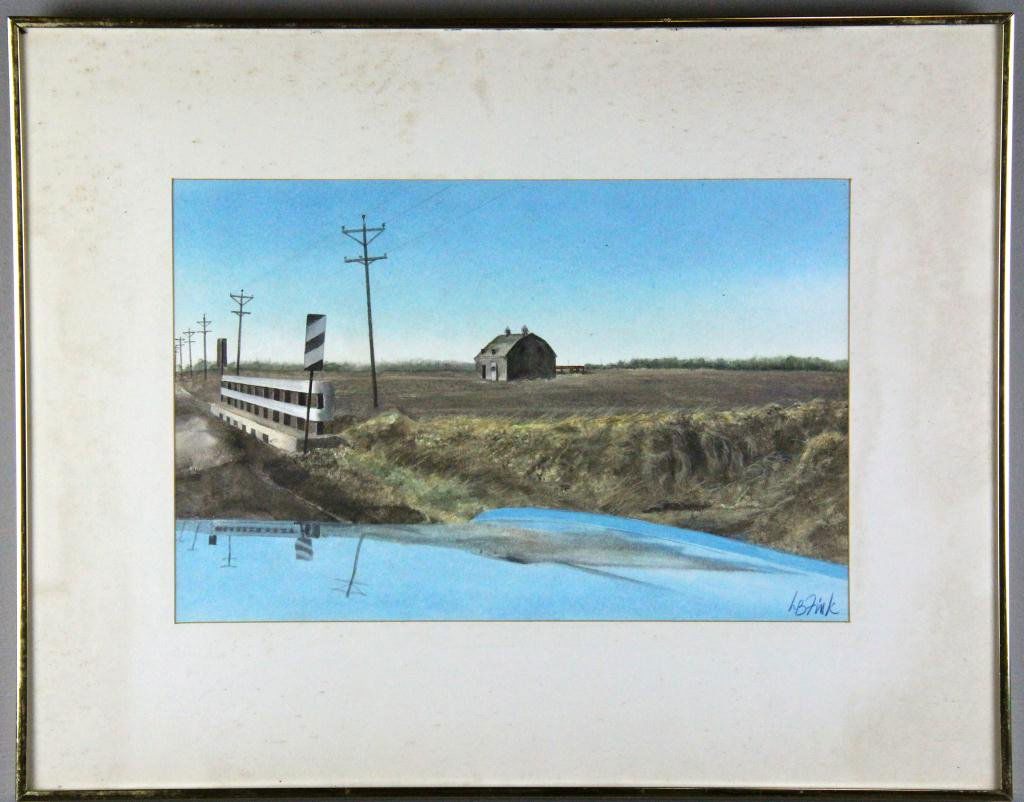 L. B. Fink - Pastel on Paper: Depicting a farm scene that is in the style of Edward Hopper, signed L.B. Fink LR, 12.5" H x 19.5" W sight, 22" H x 28" W frame, circa 20th cenury, needs new mat, drawing is in good condition. Provena
