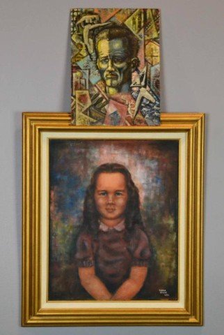 (2) Farrar Wilson Oil Painting On Board And Oil On: Includes a oil on board depicting a man surrounded by abstract designs, possibly a self portrait of the artist, signed LR Farrar Wilson (1952) , Also to include a oil on canvas depicting a seated girl