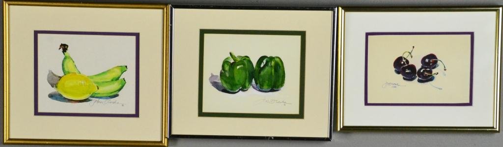 (3) Watercolors by John Droska: Three watercolors of bananas, cherries and green peppers on paper by John Droska, 1920-2005, noted Georgian watercolor artist, all signed and framed, studied under Robert Wood, largest is 11" H x 13" 