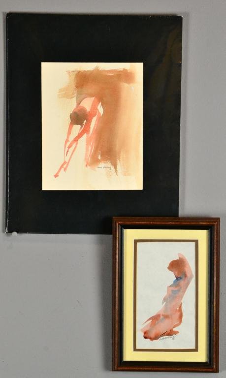 (2) Nude Watercolor Sketches by John Droska: Each depicting nudes, one framed 8.5" H x 12" W, other matted, both signed LR by John Droska, 1920-2005, noted Georgian watercolor artist, signed in pencil, studied under Robert Wood, good condition. 
