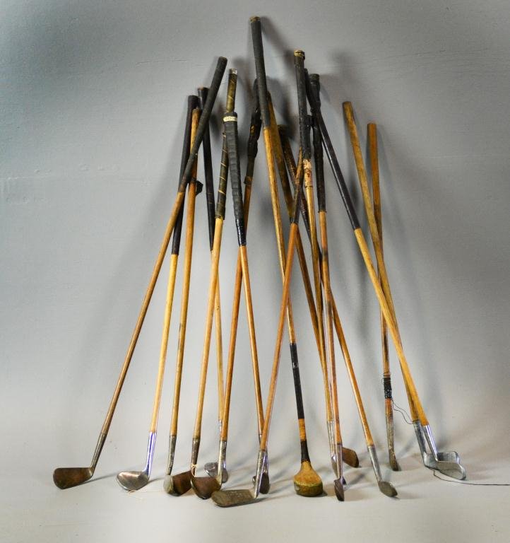(16) Antique Hickory-shaft Golf Clubs: To include D. Ogilvie #5 Mashie, Harry Lee NY putter, McGregor Brassie driver, Tom Harmon Jr. Kroflight #3, along with various putters, chippers and irons, largest is 40" L, circa early 20th century, 