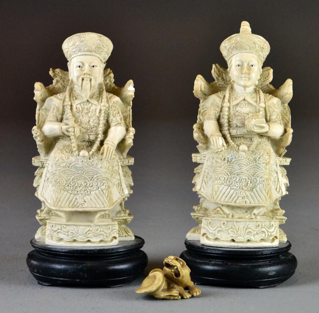 (3) Chinese Composite Figures: Consisting of and emperor and an empress on circular stands, along with small netsuke of hissing cat, largest is 8" H, circa 20th century, minor chips on emperor.