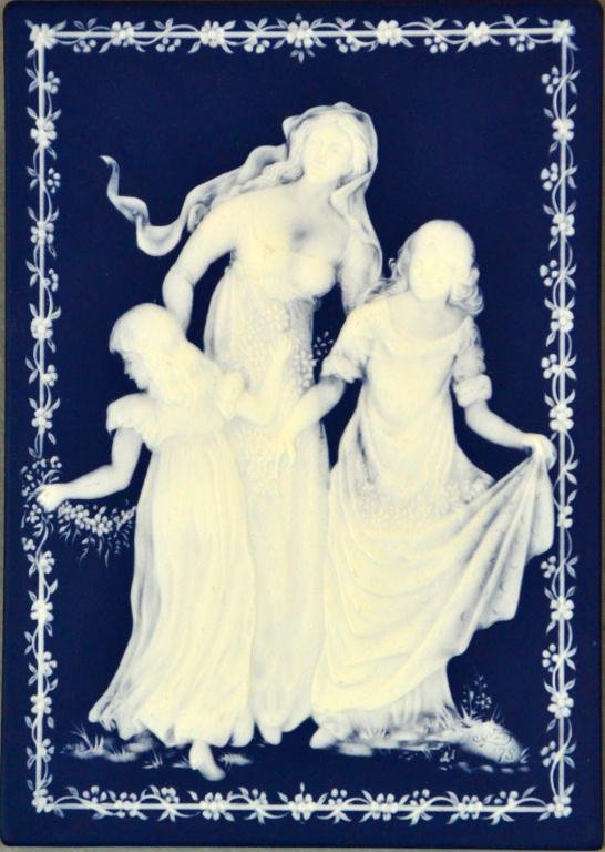 Villeroy & Boch Pate-sur-Pate Mother's Day Plaque: Dark blue and white jasperware plaque depicting romantic portayal of mother an two daughers, signed LR, 1978 Mother's Day Plate, limited edition of 7194 of 15,000, 8.25" H x 6" W, with protective box,