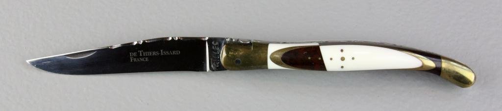 de Thiers-Issard French Folding Knife: With brass marquetry, ivory & bois de amourette (wood of armor) handle, blade additionally marked Gilles; Sandvik #12C27. This company is known to destroy 25% of their blades until reaching perfection