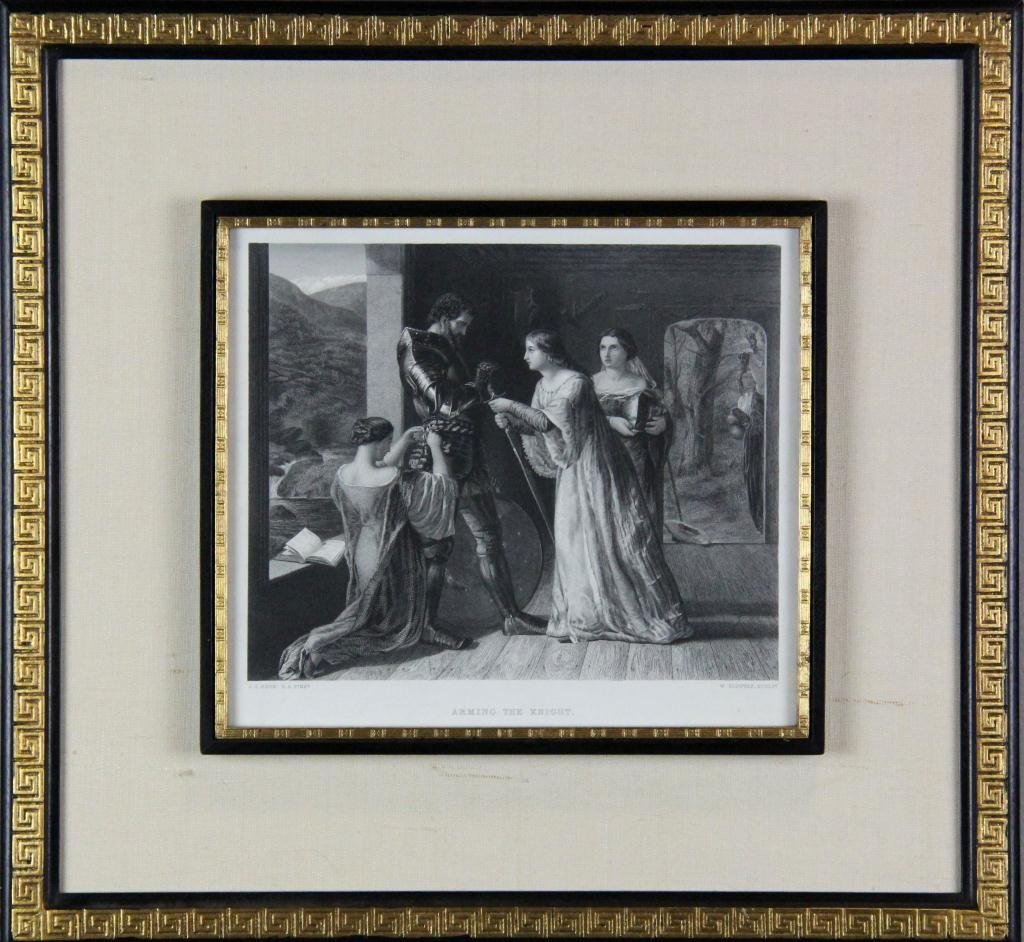 Antique Engraving by J. G. Hook: Depicting a knight being dressed by three maidens, by James Clarke Hook (1819-1907) Royal Academy, 9" H x 10" W sight, 16.5" H x 17.5" W frame, excellent condition and nicely framed with gilt Greek Ke
