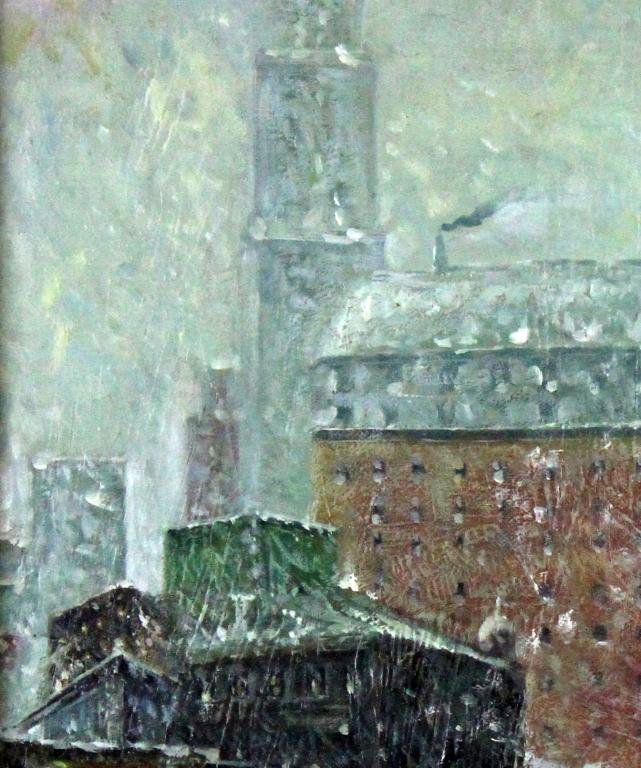Guy Carleton Wiggins Oil Painting On Canvas: Depicting a 1920's New York City snowstorm, signed LL Guy Carleton Wiggins (1883 - 1962) New York artist known for his New York winter landscapes. Size: 19.5" H x 15.5" W sight, 24.25" H x 20.25" W fr
