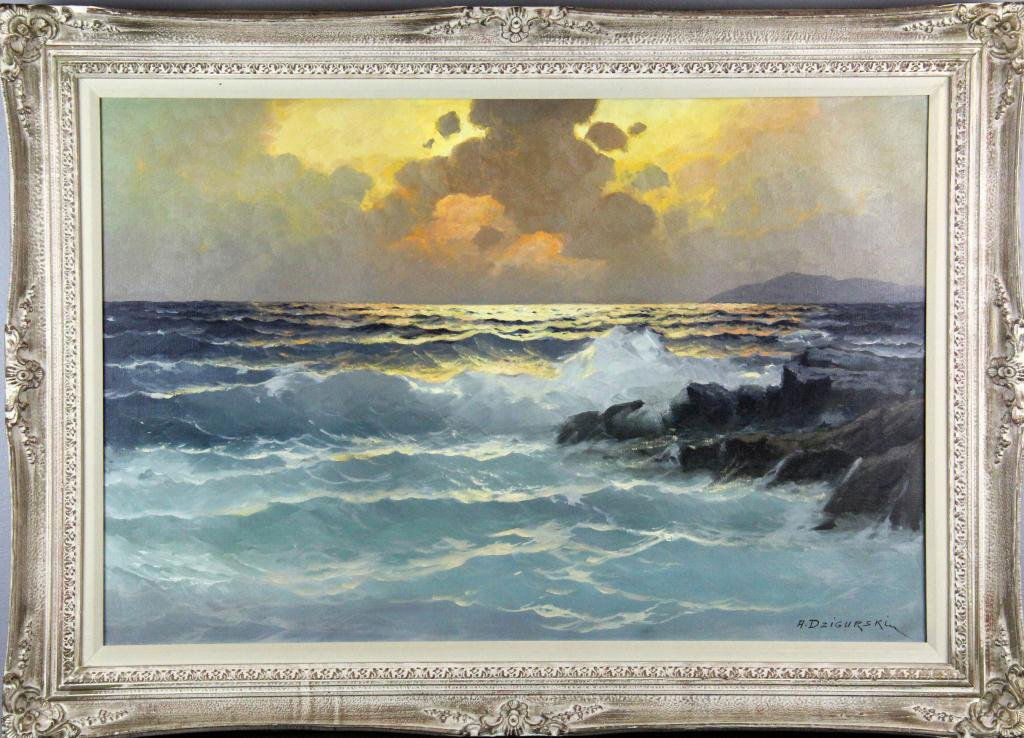 Alexander Dzigurski Oil Painting On Canvas: Depicting a seascape with crashing waves at sunset, signed lower right. Alexander Dzigurski (1911-1995) was a California Artist known for his seascapes, 23.5"H X 35"W site, 31.25"H X 43.25"W framed, C