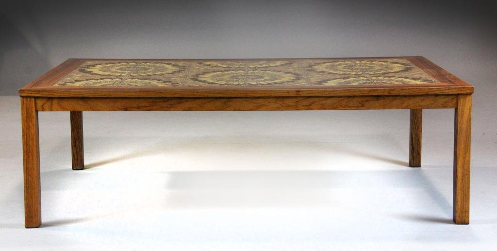 Rosewood Coffee Table: Having 18 inset tiles in browns/golds depicting sunflowers, circa 20th century, 17" H x 54" W x 30" D, good condition. Private collection Washington, Michigan gentleman.