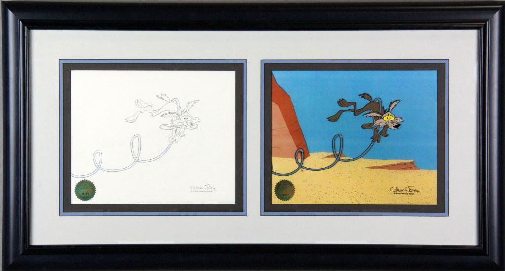 Signed Chuck Jones Animation Cell Wile E. Coyote: Wile E. Coyote, depicted in two cel drawings. One blue pencil drawing and signed Chuck Jones 1980 Warner Bros., the other a colored pencil drawing of the mountainscape, with a colored drawing of Wile