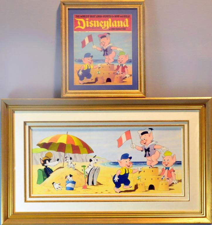 (2) Disney Original Color & Ink & Magazine Cover: Three little pigs building a sand castle, with the Big Bad Wolf and three dalmatian pups, original drawing in color and ink for the Disney Magazine Cover, 11" H x 25.5" W sight, 22" H x 36" W frame. A