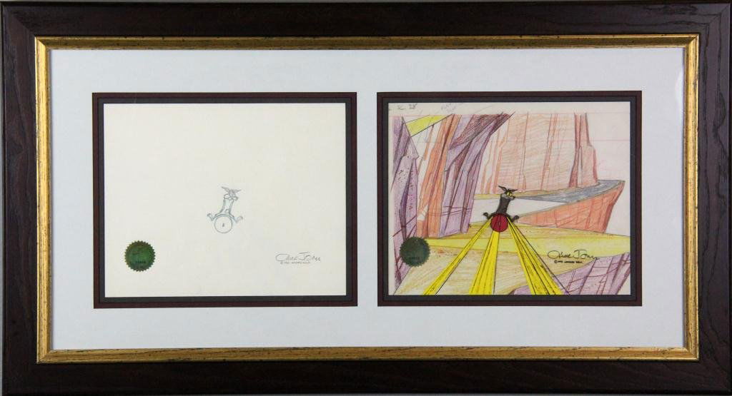 Signed Chuck Jones Animation Cell Wile E. Coyote: Wile E. Coyote, depicted in two cel drawings. One blue pencil drawing and signed Chuck Jones 1980 Warner Bros., the other a colored pencil drawing of the mountainscape, with a colored drawing of Wile