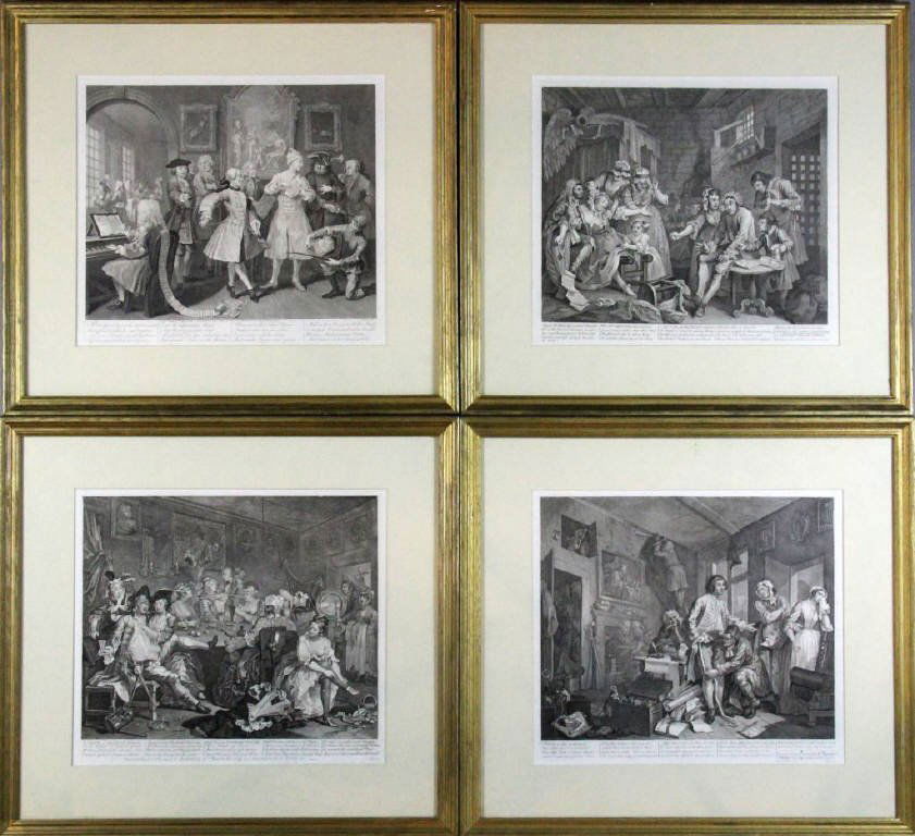 (4) William Hogarth Etchings On Paper: From the "A Rakes Progress" series; the four titled as follows; (1) "The Young Heir Taking Possession" (2) " Rakewell Surrounded By Artists And Professors. (3) "The Tavern Scene" (4) "The Prison Scene