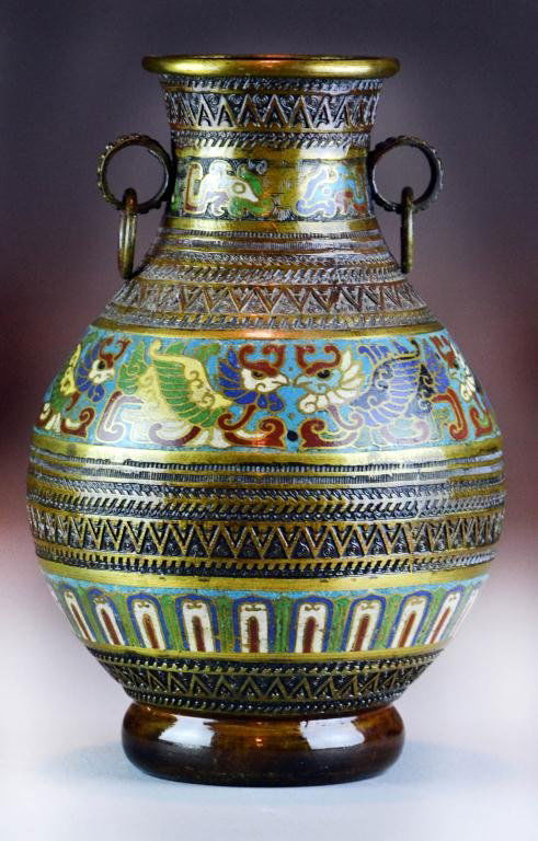 Chinese Qing Cloisonne And Bronze Hu Vase: Of archaic form, enamaled to depict pheonix, with two loop handles hing with loose rings, with seal mark within a raised square to base, 11.75"H, circa 19th century. Private collection St. Clair Michi