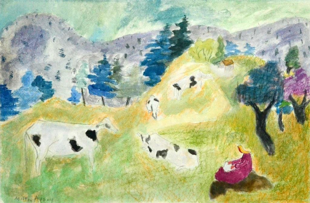 Milton Avery Mixed Media Watercolor Pastoral: Depicting a hillscape with cows and a seated lady in the foreground, signed LL by Milton Avery 1885 - 1965, American artist, 11.5" H x 17.5" W sight, 24" H x 28.5" W.