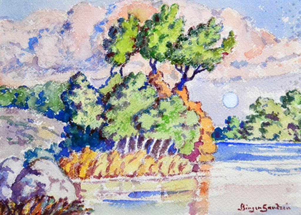 Birger Sandzen Watercolor Landscape On Paper: Depicting a landscape with water, signed LR by Birger Sandzen, 1871 - 1954, American artist, 8.75" H x 12" W sight, 14" H x 17" W frame.