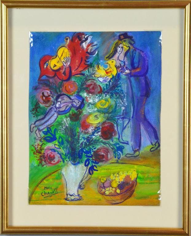 Attributed Signed Chagall Gouache On Paper: signed LL by Marc Chagall 1887 - 1985, Russian - French artist. 11" H x 8.4" W sight, 15" H x 12.25" W frame. Provenance: Circa 1960's Purchased by Dr. Duncan from the collection of Dr. Forestal of Ni