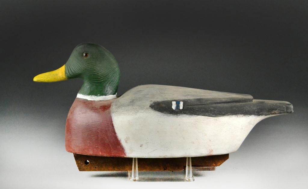 Mallard Drake Duck Decoy: Original paint with brown glass eyes, lead weight and keel to bottom, by Alton Burkman, Utica, Michigan, 16" L, circa 20th century, good condition. Private collection of Rochester Hills, Michigan gent