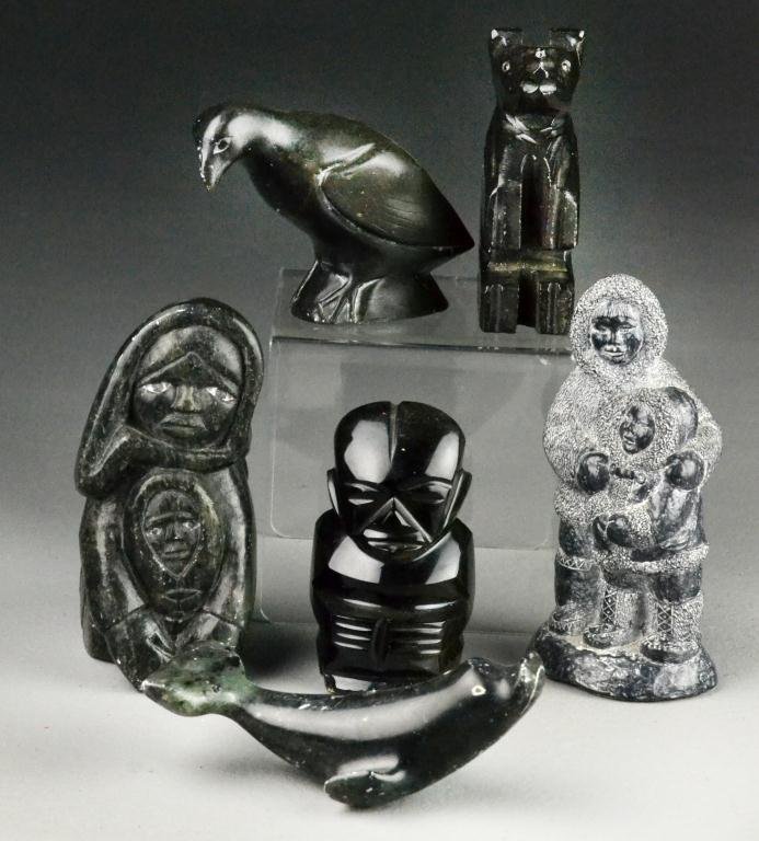 (6) Inuit And Haida Stone And Argillite Carvings: To include figures and animals some signed, largest measures 5"H, circa early to mid-20th century.