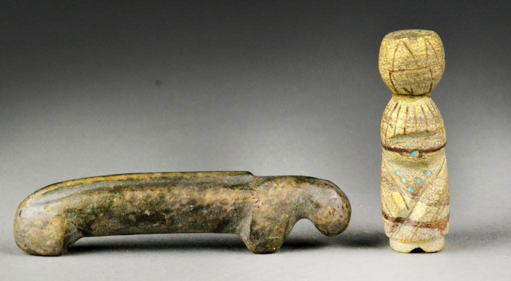 (2) Native American Stone Effigies: One carved to depict a stylized animal with ridge along its back, 3.125" L, together with a seated figure with basket atop its head, inlaid with turquoise 2.5" H, both circa earlly 20th century. Prove