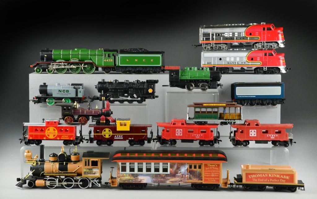 (17) HO Toy Train Engines and Cars: To include a selection of toy trains, largest is 8" L, circa 20th century, condition varies. Property of an Oxford, Michigan gentleman.