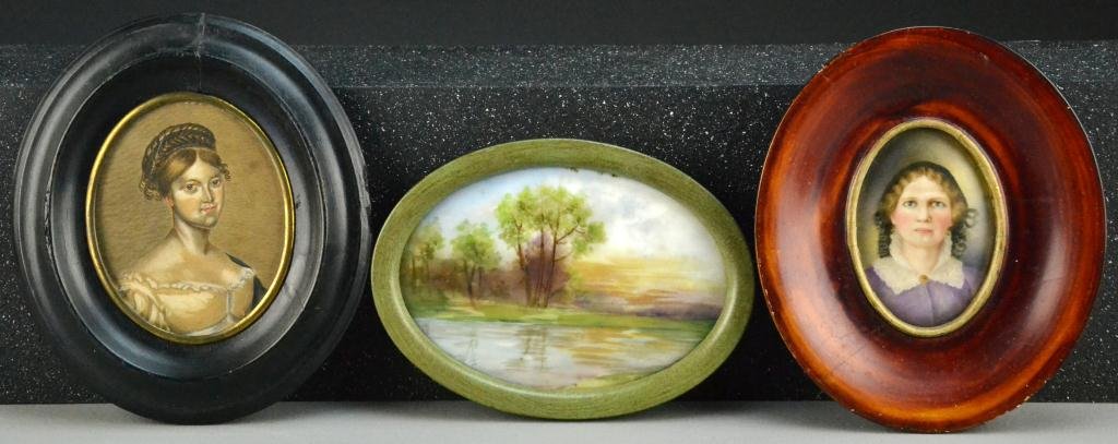 (3) Antique Paintings On Porcelain And Paper: Depicting portraits of woman and a landscape, largest is 5.125"W x 3.5"H, sight, circa late 19th-early 20th century. Property of Robert Clark, Oxford Michigan.